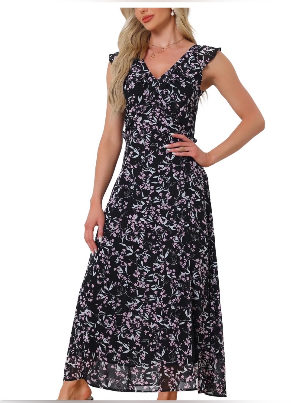 Allegra-K Sleeveless V-Neck Floral Maxi Dress in Black and Pink Size XL $45 BNWT